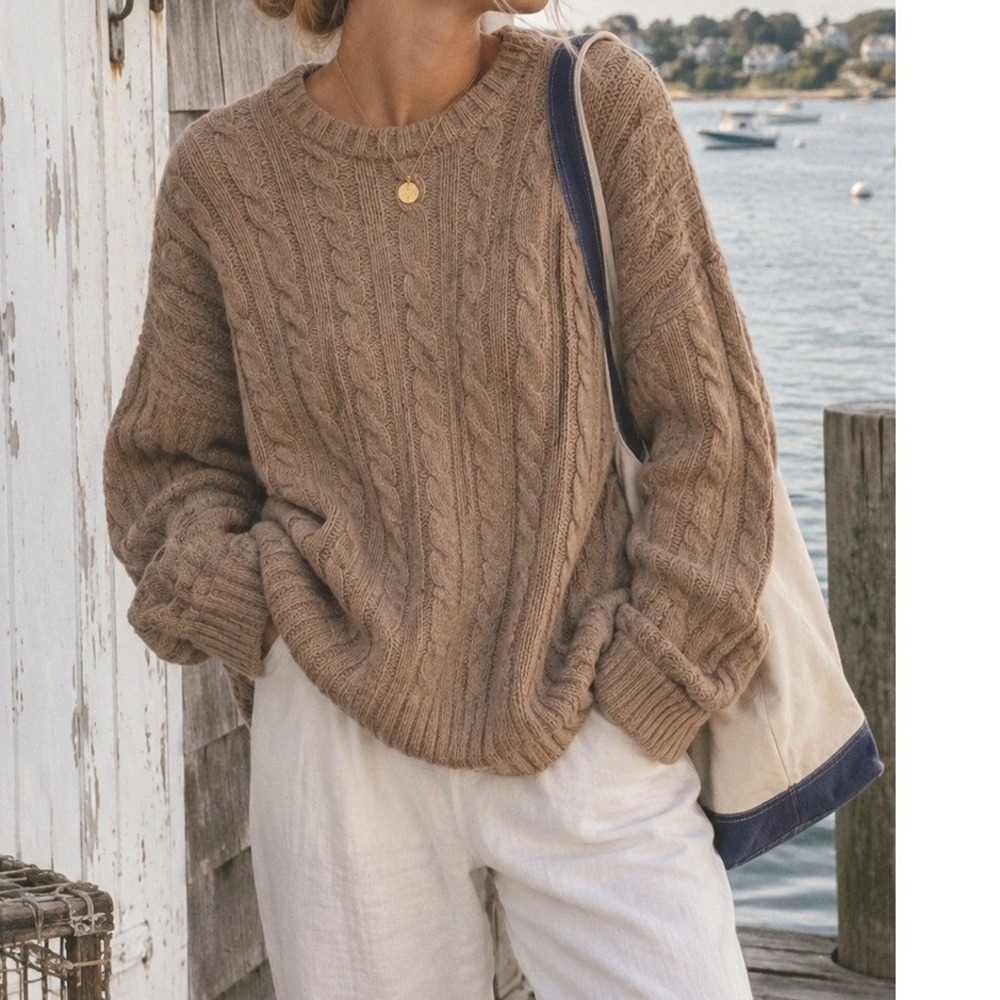 Vintage Men's Fisherman Wool Cable Knit Sweater Tan Oatmeal Crewneck- Medium
